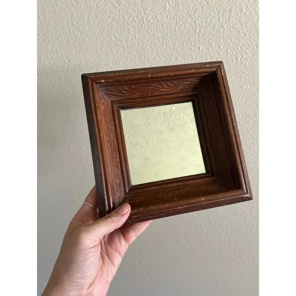 Small carved wooden mirror wall hanging decor hippie rustic vintage home art
